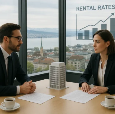 Geschäftsverhandlung in einem modernen Schweizer Büro mit Blick auf Zürich – symbolisiert clevere Strategien zur Mietverhandlung bei Gewerbeimmobilien im Jahr 2025