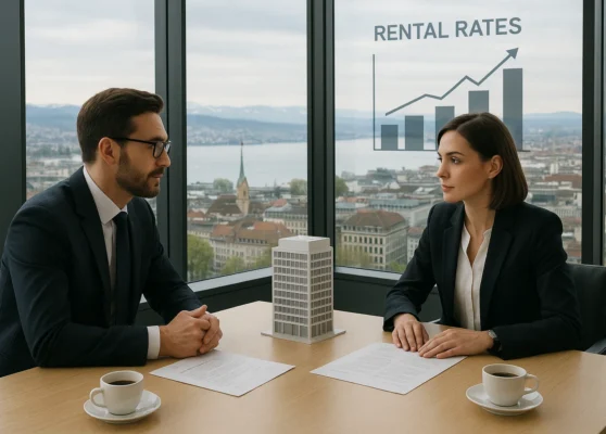 Geschäftsverhandlung in einem modernen Schweizer Büro mit Blick auf Zürich – symbolisiert clevere Strategien zur Mietverhandlung bei Gewerbeimmobilien im Jahr 2025