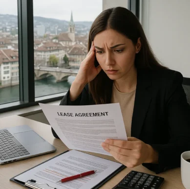 Junge Unternehmerin prüft aufmerksam einen Gewerbemietvertrag in einem modernen Schweizer Büro