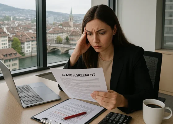 Junge Unternehmerin prüft aufmerksam einen Gewerbemietvertrag in einem modernen Schweizer Büro
